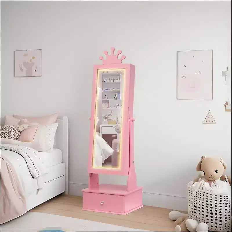Kids Jewelry Cabinet with LED Full-Length Mirror,Freestanding Princess Vanity with Drawers & Jewelry Organizer,Armoire with Lights for Girls Dress Up