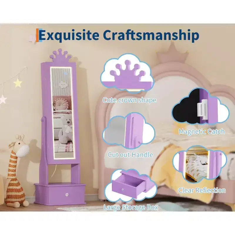 Kids Jewelry Cabinet with LED Full-Length Mirror,Freestanding Princess Vanity with Drawers & Jewelry Organizer,Armoire with Lights for Girls Dress Up