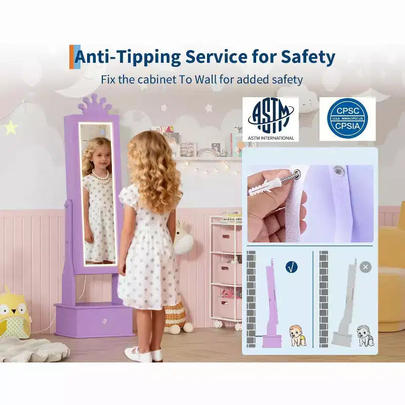 Kids Jewelry Cabinet with LED Full-Length Mirror,Freestanding Princess Vanity with Drawers & Jewelry Organizer,Armoire with Lights for Girls Dress Up