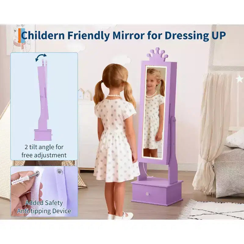 Kids Jewelry Cabinet with LED Full-Length Mirror,Freestanding Princess Vanity with Drawers & Jewelry Organizer,Armoire with Lights for Girls Dress Up