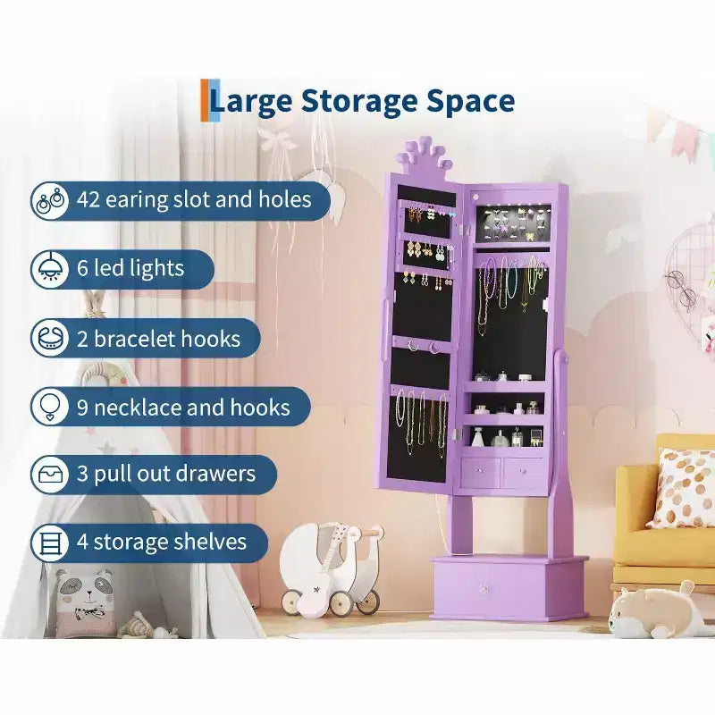 Kids Jewelry Cabinet with LED Full-Length Mirror,Freestanding Princess Vanity with Drawers & Jewelry Organizer,Armoire with Lights for Girls Dress Up