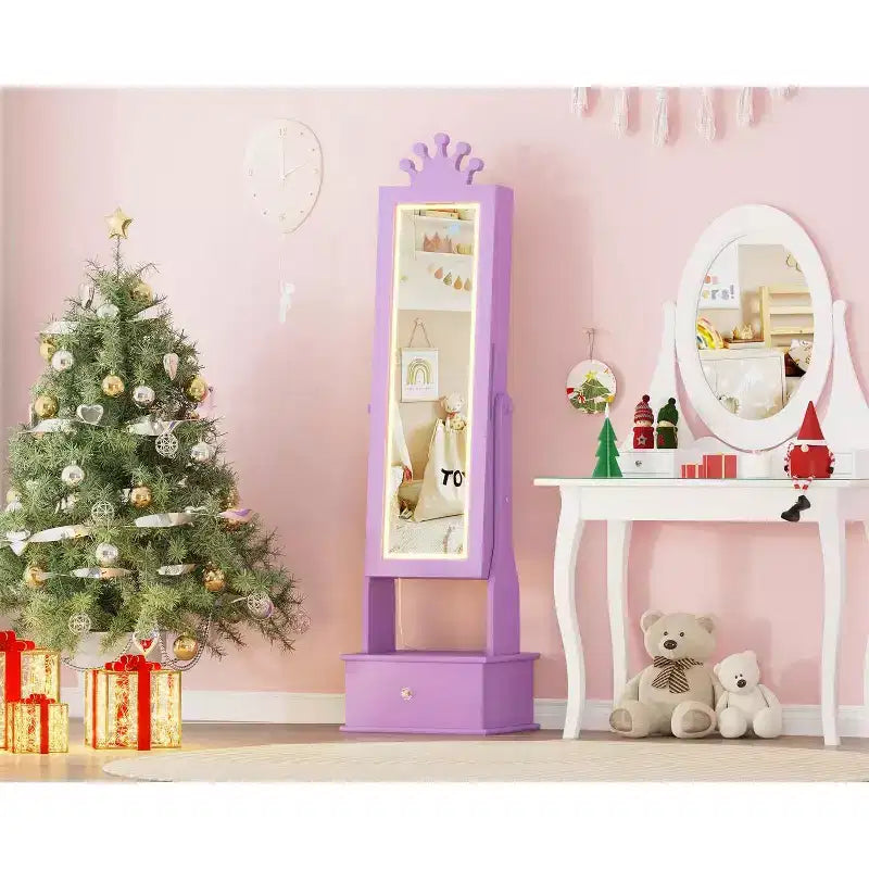 Kids Jewelry Cabinet with LED Full-Length Mirror,Freestanding Princess Vanity with Drawers & Jewelry Organizer,Armoire with Lights for Girls Dress Up