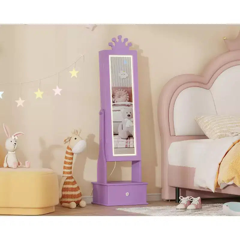 Kids Jewelry Cabinet with LED Full-Length Mirror,Freestanding Princess Vanity with Drawers & Jewelry Organizer,Armoire with Lights for Girls Dress Up
