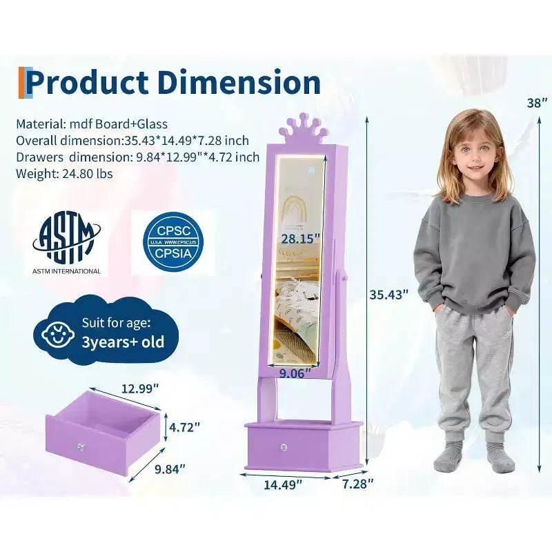 Kids Jewelry Cabinet with LED Full-Length Mirror,Freestanding Princess Vanity with Drawers & Jewelry Organizer,Armoire with Lights for Girls Dress Up
