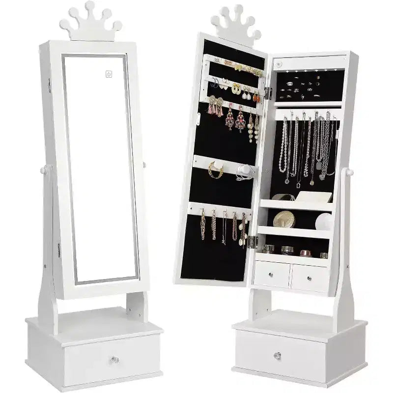 Kids Jewelry Cabinet with LED Full-Length Mirror,Freestanding Princess Vanity with Drawers & Jewelry Organizer,Armoire with Lights for Girls Dress Up