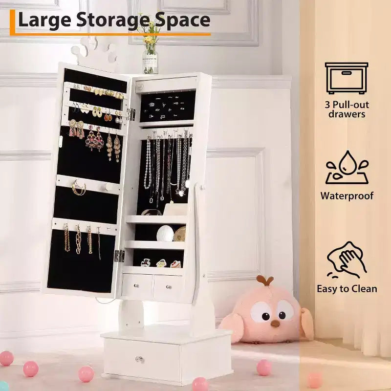 Kids Jewelry Cabinet with LED Full-Length Mirror,Freestanding Princess Vanity with Drawers & Jewelry Organizer,Armoire with Lights for Girls Dress Up