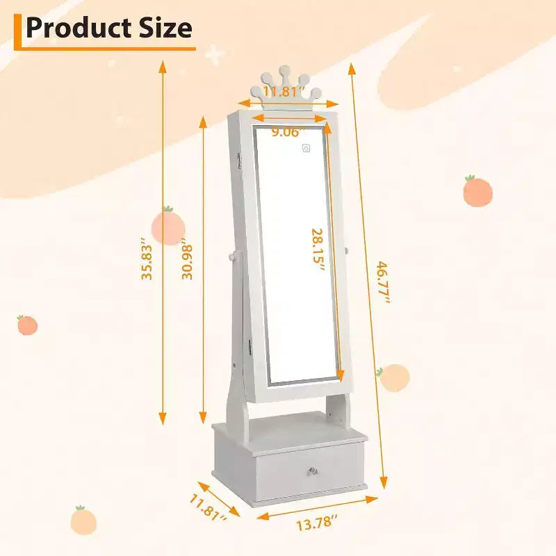 Kids Jewelry Cabinet with LED Full-Length Mirror,Freestanding Princess Vanity with Drawers & Jewelry Organizer,Armoire with Lights for Girls Dress Up