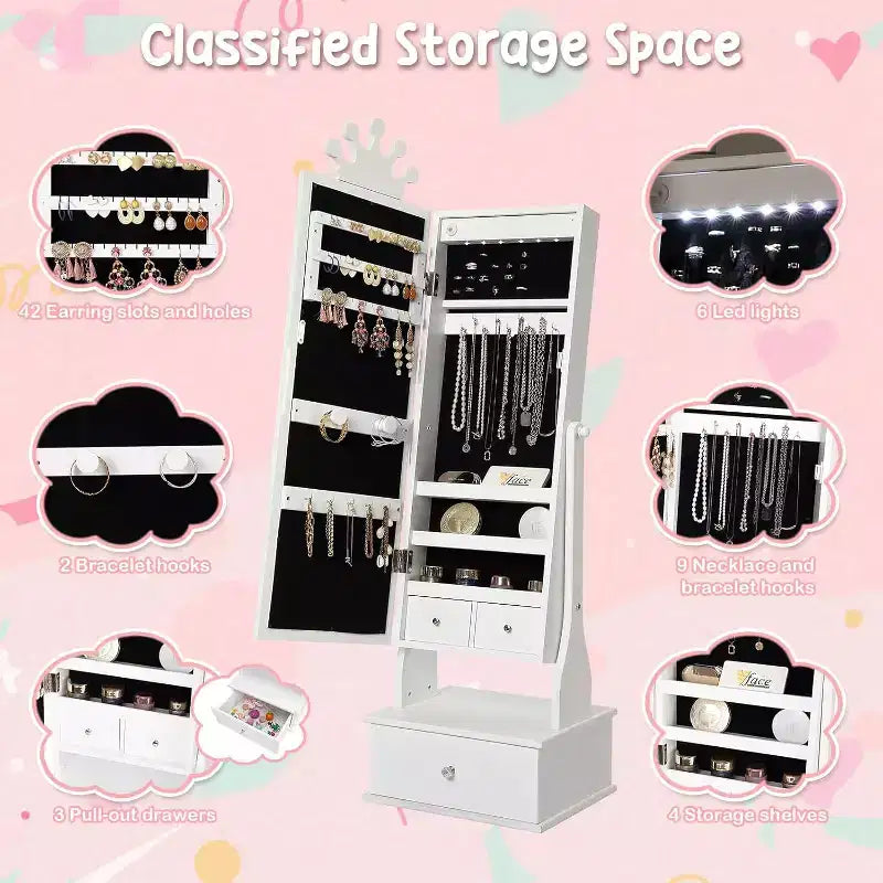 Kids Jewelry Cabinet with LED Full-Length Mirror,Freestanding Princess Vanity with Drawers & Jewelry Organizer,Armoire with Lights for Girls Dress Up