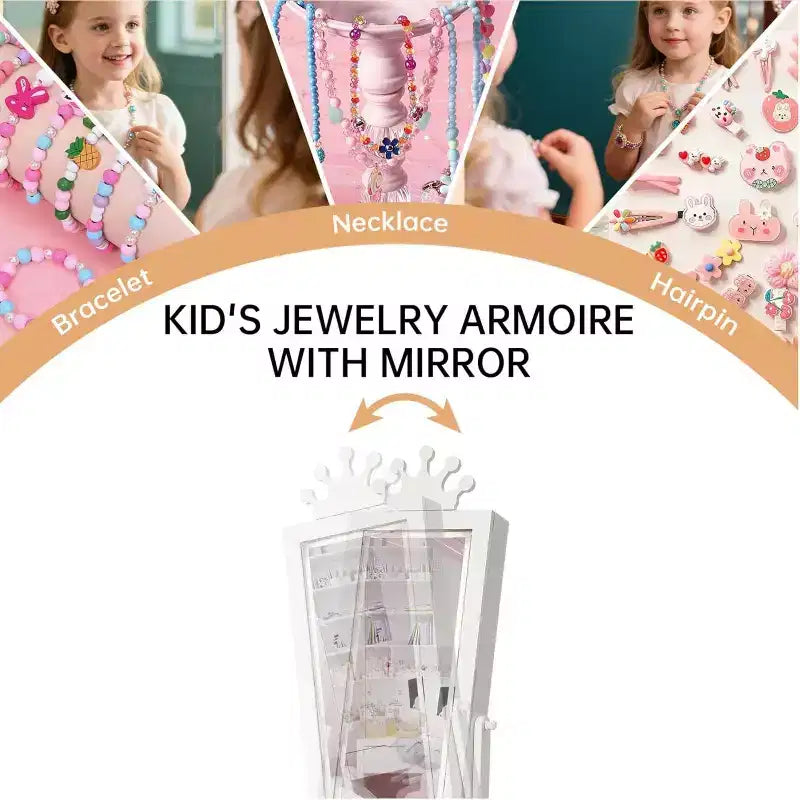 Kids Jewelry Cabinet with LED Full-Length Mirror,Freestanding Princess Vanity with Drawers & Jewelry Organizer,Armoire with Lights for Girls Dress Up