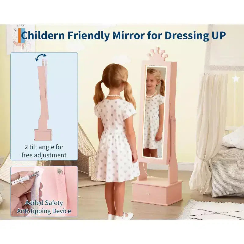 Kids Jewelry Cabinet with LED Full-Length Mirror,Freestanding Princess Vanity with Drawers & Jewelry Organizer,Armoire with Lights for Girls Dress Up