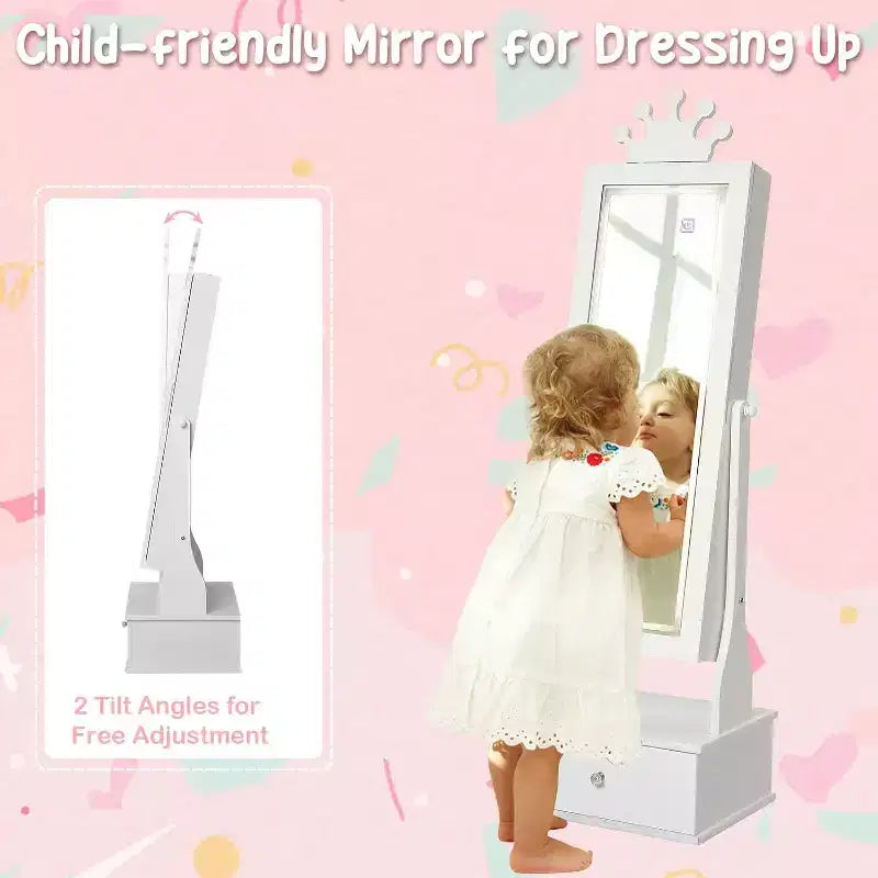 Kids Jewelry Cabinet with LED Full-Length Mirror,Freestanding Princess Vanity with Drawers & Jewelry Organizer,Armoire with Lights for Girls Dress Up