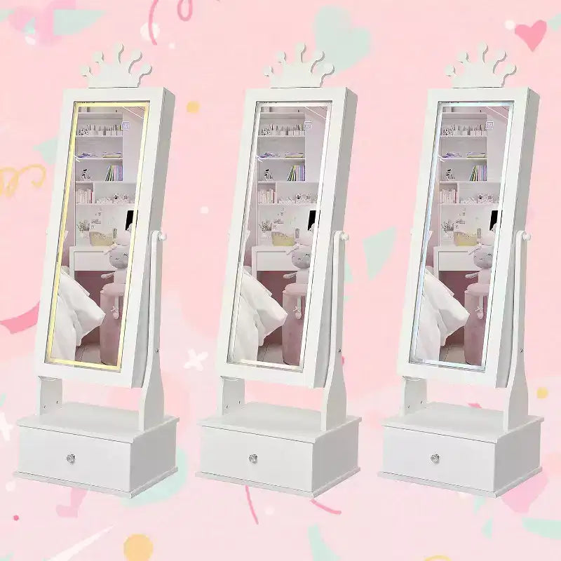 Kids Jewelry Cabinet with LED Full-Length Mirror,Freestanding Princess Vanity with Drawers & Jewelry Organizer,Armoire with Lights for Girls Dress Up