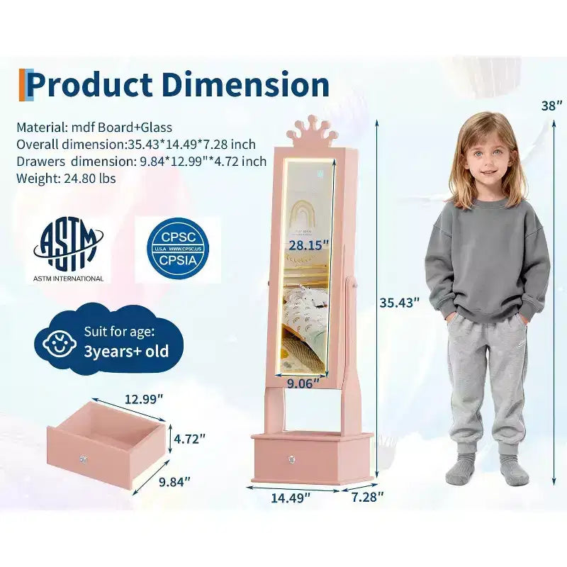 Kids Jewelry Cabinet with LED Full-Length Mirror,Freestanding Princess Vanity with Drawers & Jewelry Organizer,Armoire with Lights for Girls Dress Up