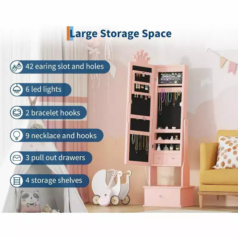 Kids Jewelry Cabinet with LED Full-Length Mirror,Freestanding Princess Vanity with Drawers & Jewelry Organizer,Armoire with Lights for Girls Dress Up