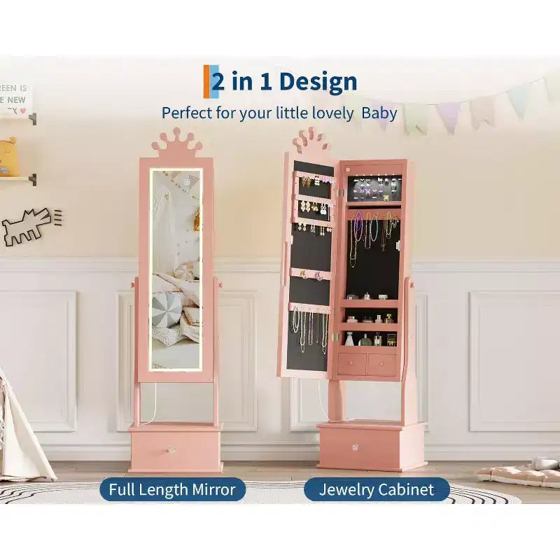 Kids Jewelry Cabinet with LED Full-Length Mirror,Freestanding Princess Vanity with Drawers & Jewelry Organizer,Armoire with Lights for Girls Dress Up