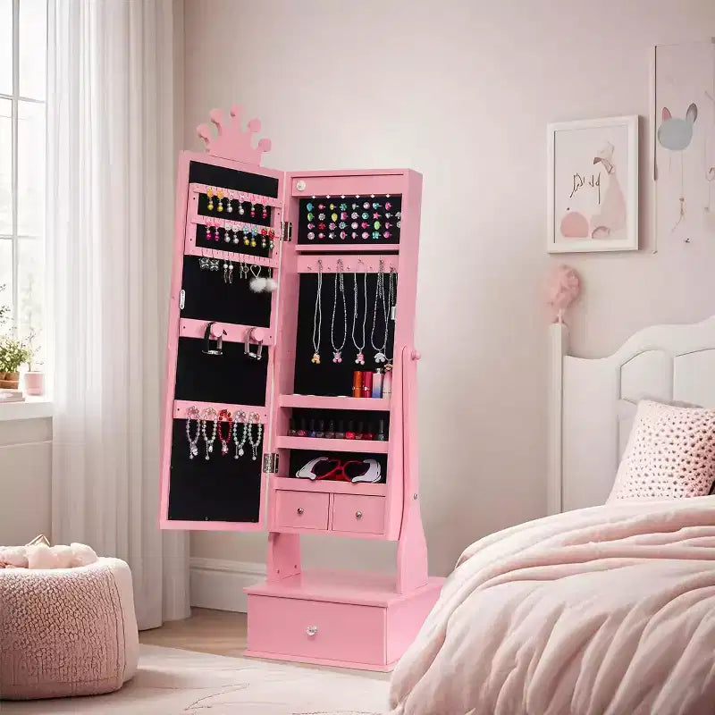 Kids Jewelry Cabinet with LED Full-Length Mirror,Freestanding Princess Vanity with Drawers & Jewelry Organizer,Armoire with Lights for Girls Dress Up