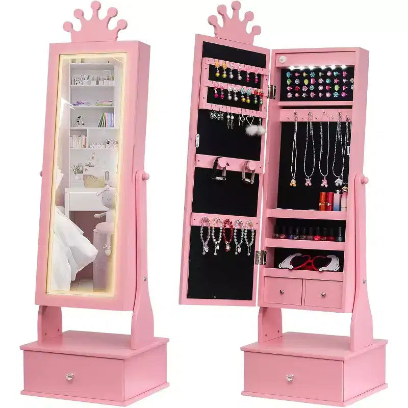 Kids Jewelry Cabinet with LED Full-Length Mirror,Freestanding Princess Vanity with Drawers & Jewelry Organizer,Armoire with Lights for Girls Dress Up