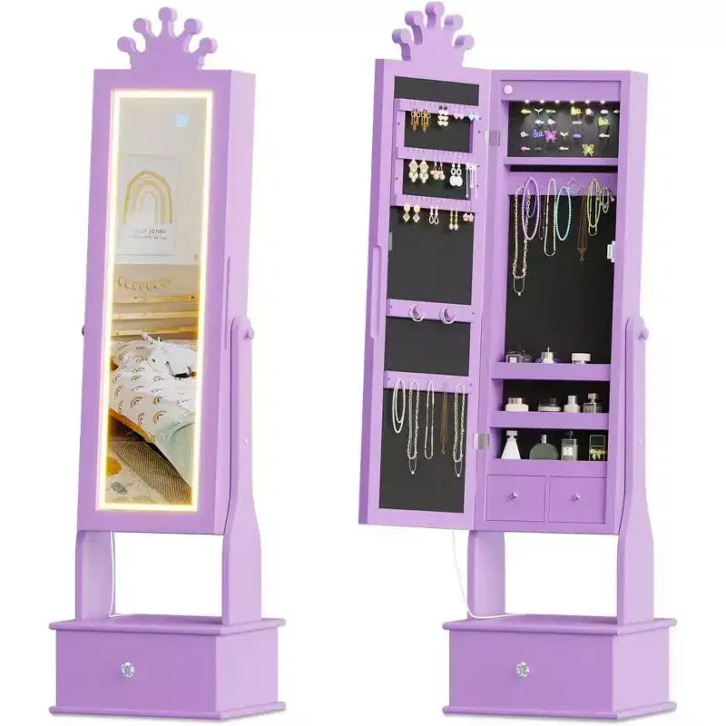 Kids Jewelry Cabinet with LED Full-Length Mirror,Freestanding Princess Vanity with Drawers & Jewelry Organizer,Armoire with Lights for Girls Dress Up