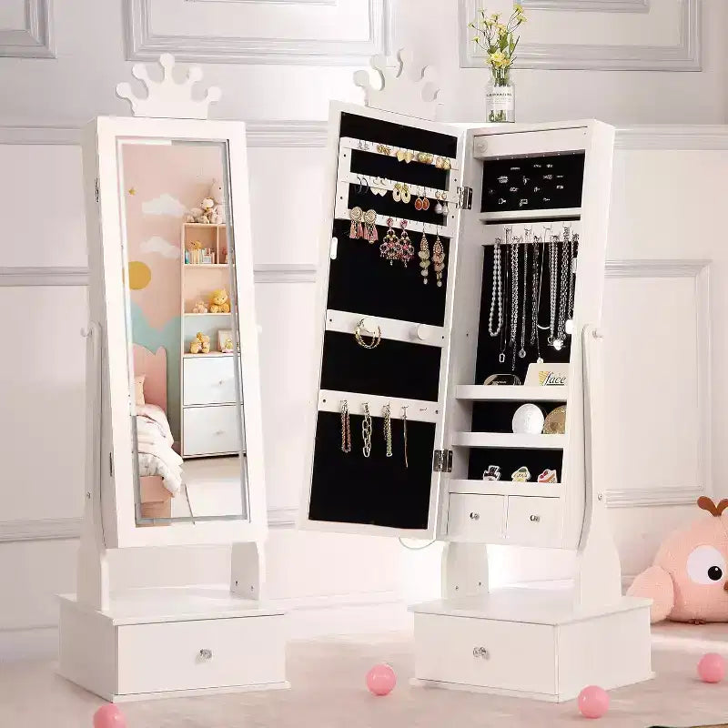 Kids Jewelry Cabinet with LED Full-Length Mirror,Freestanding Princess Vanity with Drawers & Jewelry Organizer,Armoire with Lights for Girls Dress Up