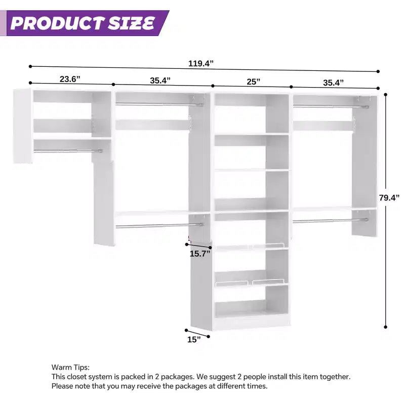Besiost Walk-In Closet Orangizer with 9 Shelves, Wooden Closet System with Hanging Rods