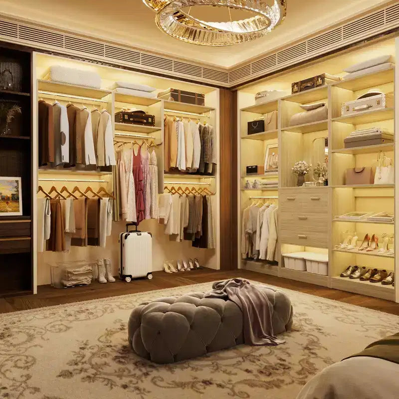Besiost Walk-In Closet Orangizer with 9 Shelves, Wooden Closet System with Hanging Rods