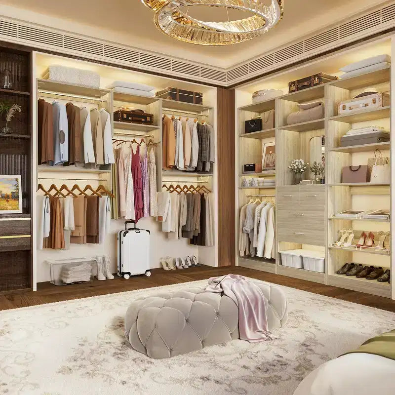 Besiost Walk-In Closet Orangizer with 9 Shelves, Wooden Closet System with Hanging Rods