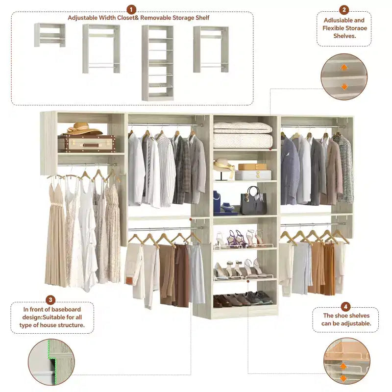 Besiost Walk-In Closet Orangizer with 9 Shelves, Wooden Closet System with Hanging Rods