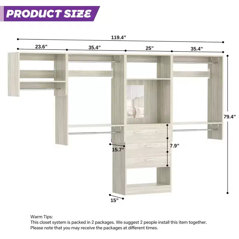 Besiost Walk-In Closet Orangizer with 9 Shelves, Wooden Closet System with Hanging Rods
