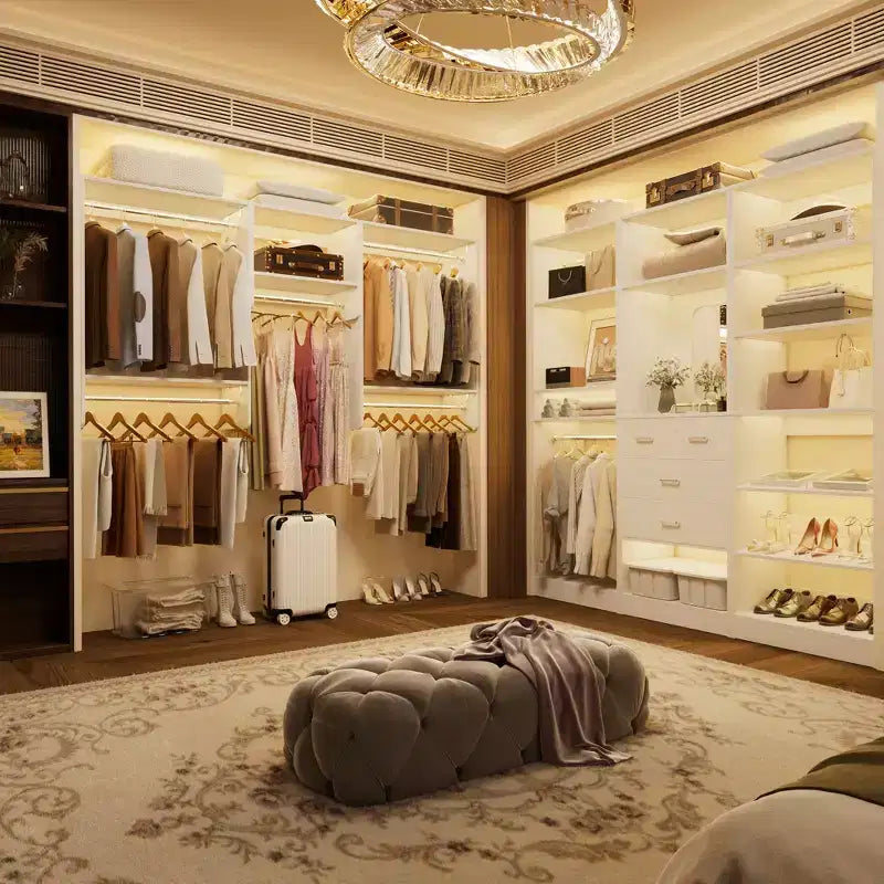 Besiost Walk-In Closet Orangizer with 9 Shelves, Wooden Closet System with Hanging Rods