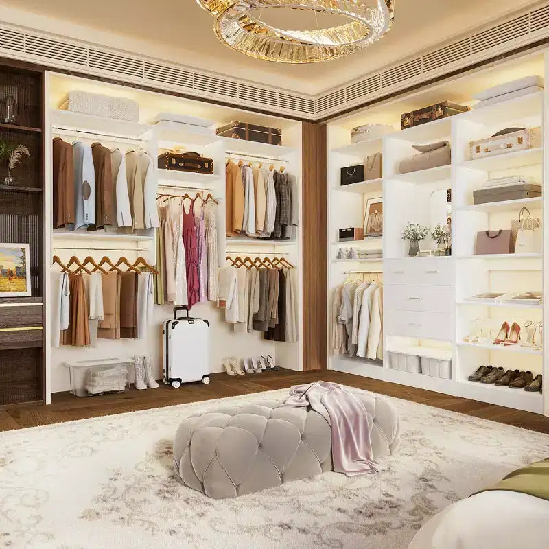 Besiost Walk-In Closet Orangizer with 9 Shelves, Wooden Closet System with Hanging Rods