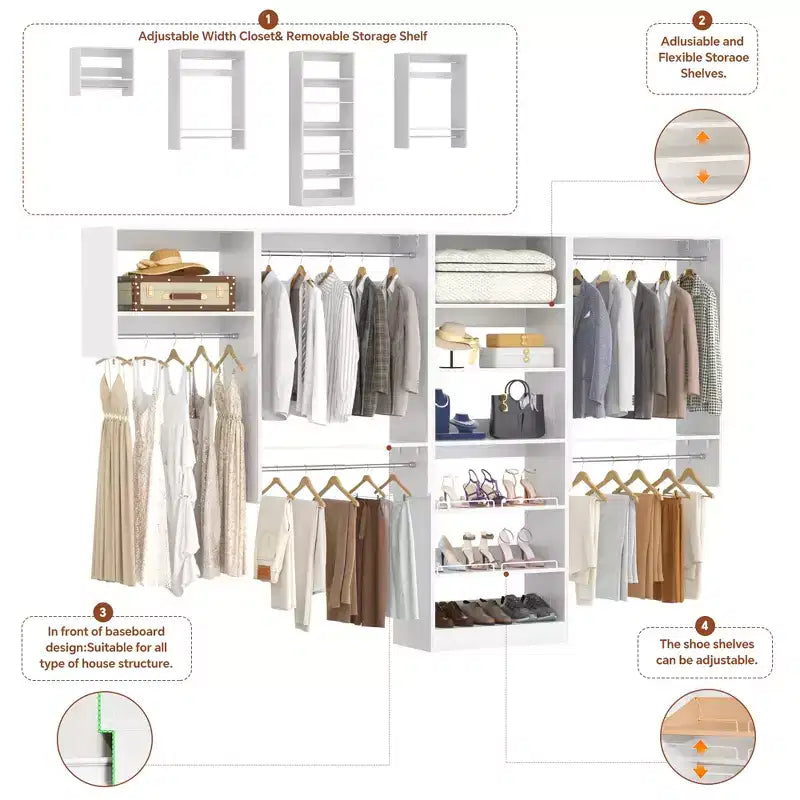 Besiost Walk-In Closet Orangizer with 9 Shelves, Wooden Closet System with Hanging Rods