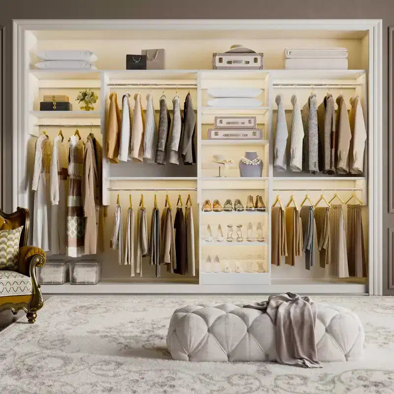 Besiost Walk-In Closet Orangizer with 9 Shelves, Wooden Closet System with Hanging Rods