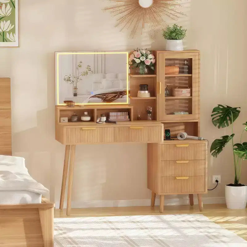 Fluted Vanity Desk with HD Mirror & Lights - Modern Wood Makeup Desk with Adjustable Shelves, 5 Drawers for Bedroom,Natural Oak