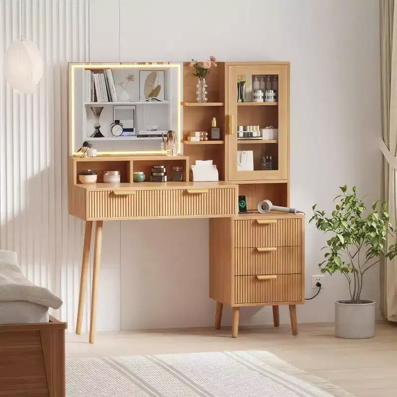 Fluted Vanity Desk with HD Mirror & Lights - Modern Wood Makeup Desk with Adjustable Shelves, 5 Drawers for Bedroom,Natural Oak