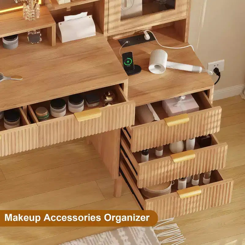 Fluted Vanity Desk with HD Mirror & Lights - Modern Wood Makeup Desk with Adjustable Shelves, 5 Drawers for Bedroom,Natural Oak
