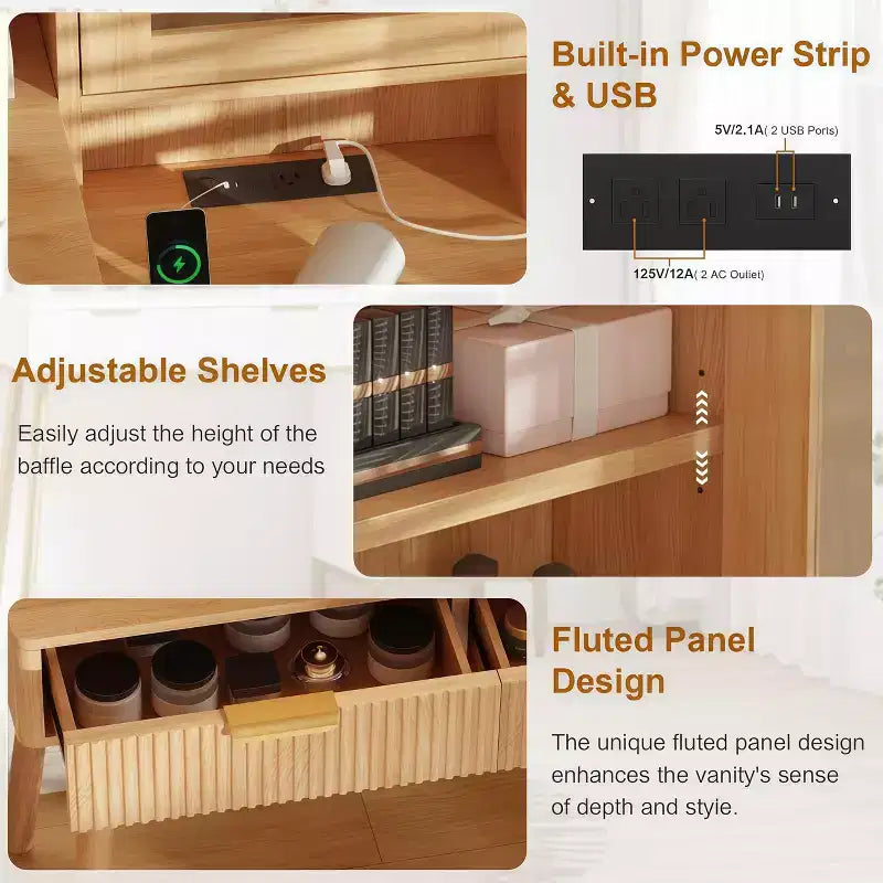 Fluted Vanity Desk with HD Mirror & Lights - Modern Wood Makeup Desk with Adjustable Shelves, 5 Drawers for Bedroom,Natural Oak