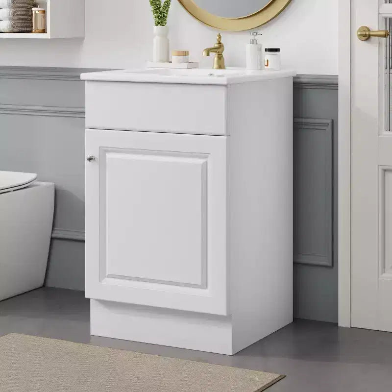 Bathroom Vanity with Sink, Free Standing Single Basin Vanity Set with Storage Rack, Solid Wood Bathroom Cabinet with Ceramic Basin