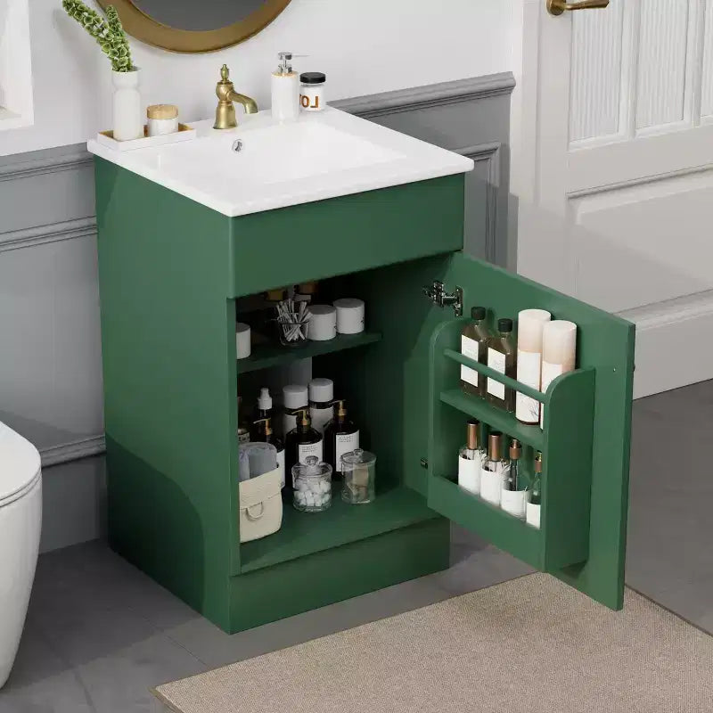 Bathroom Vanity with Sink, Free Standing Single Basin Vanity Set with Storage Rack, Solid Wood Bathroom Cabinet with Ceramic Basin
