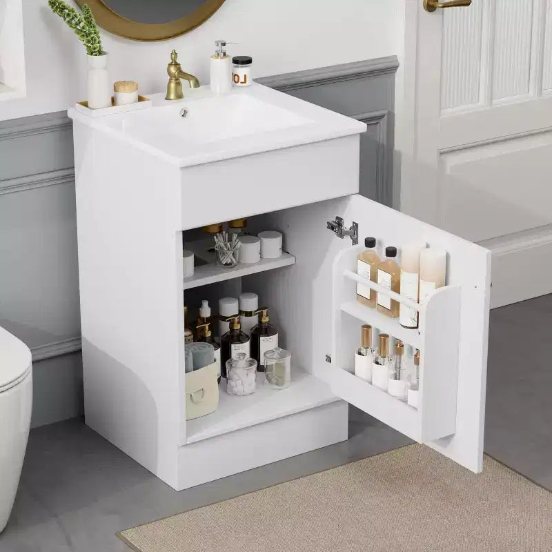 Bathroom Vanity with Sink, Free Standing Single Basin Vanity Set with Storage Rack, Solid Wood Bathroom Cabinet with Ceramic Basin