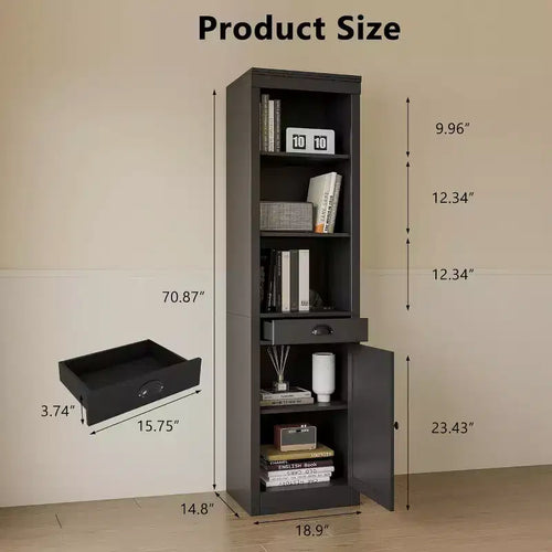 71 Tall Bookcase with Drawer & Cabinet Doors - 3-Tier Adjustable Shelf Storage Cabinet for Living Room, Office, Bedroom, Black