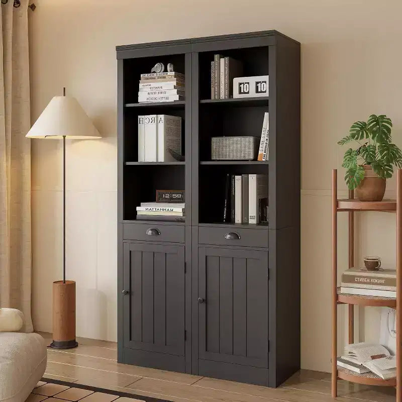 71 Tall Bookcase with Drawer & Cabinet Doors - 3-Tier Adjustable Shelf Storage Cabinet for Living Room, Office, Bedroom, Black
