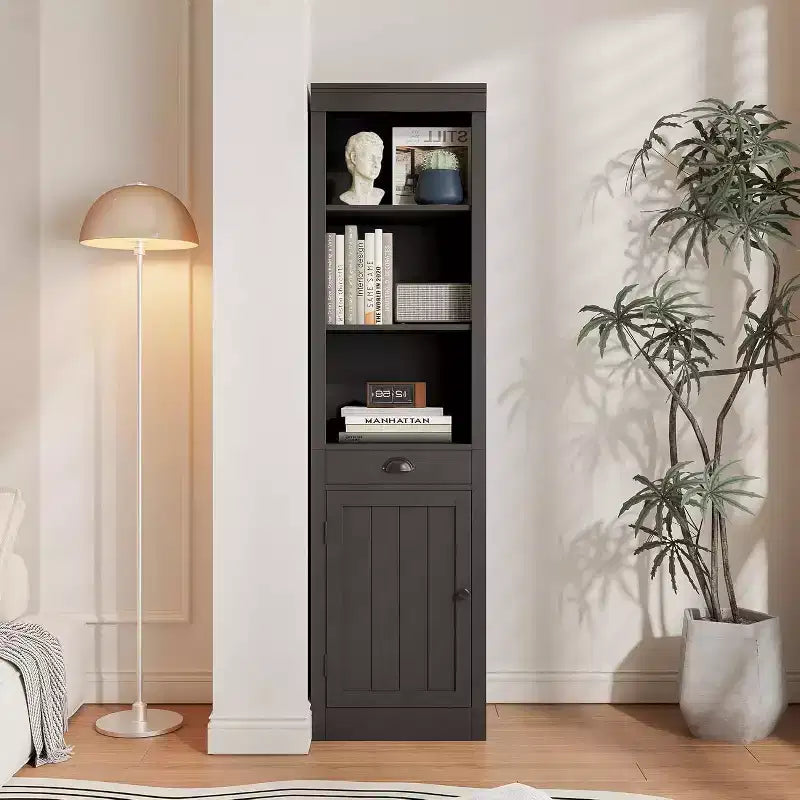 71 Tall Bookcase with Drawer & Cabinet Doors - 3-Tier Adjustable Shelf Storage Cabinet for Living Room, Office, Bedroom, Black