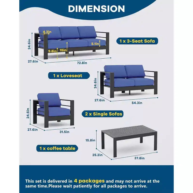 COZONY 7 Seat Aluminum Outdoor Patio Set, Modern Sectional Metal Sofa Cushions Square Table for Deck Backyard Porch
