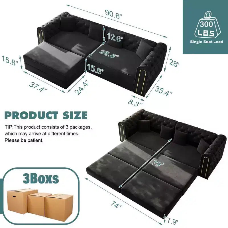 Modern 3-in-1 Convertible Sleeper Sofa Bed with Ottoman and Pillows, Velvet Reclining Couch for Living Room, Guest Room or Lounge - Panipeachy