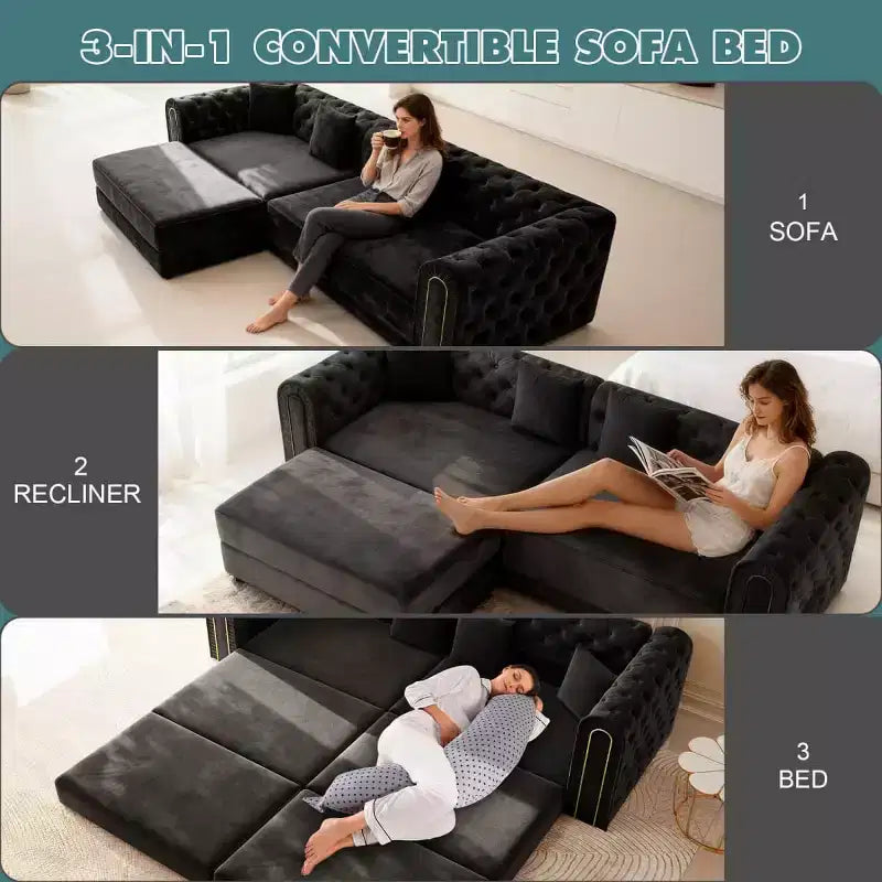 Modern 3-in-1 Convertible Sleeper Sofa Bed with Ottoman and Pillows, Velvet Reclining Couch for Living Room, Guest Room or Lounge - Panipeachy