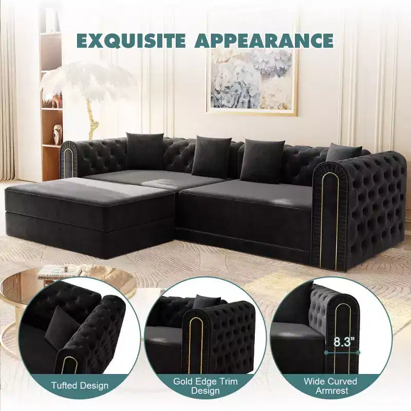 Modern 3-in-1 Convertible Sleeper Sofa Bed with Ottoman and Pillows, Velvet Reclining Couch for Living Room, Guest Room or Lounge - Panipeachy