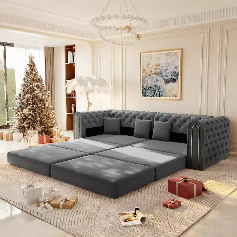 Modern 3-in-1 Convertible Sleeper Sofa Bed with Ottoman and Pillows, Velvet Reclining Couch for Living Room, Guest Room or Lounge - Panipeachy