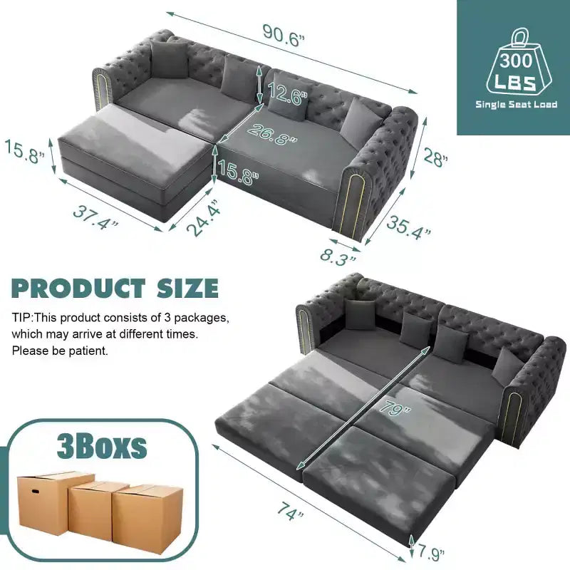 Modern 3-in-1 Convertible Sleeper Sofa Bed with Ottoman and Pillows, Velvet Reclining Couch for Living Room, Guest Room or Lounge - Panipeachy