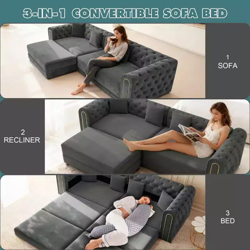 Modern 3-in-1 Convertible Sleeper Sofa Bed with Ottoman and Pillows, Velvet Reclining Couch for Living Room, Guest Room or Lounge - Panipeachy