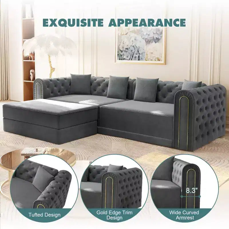 Modern 3-in-1 Convertible Sleeper Sofa Bed with Ottoman and Pillows, Velvet Reclining Couch for Living Room, Guest Room or Lounge - Panipeachy